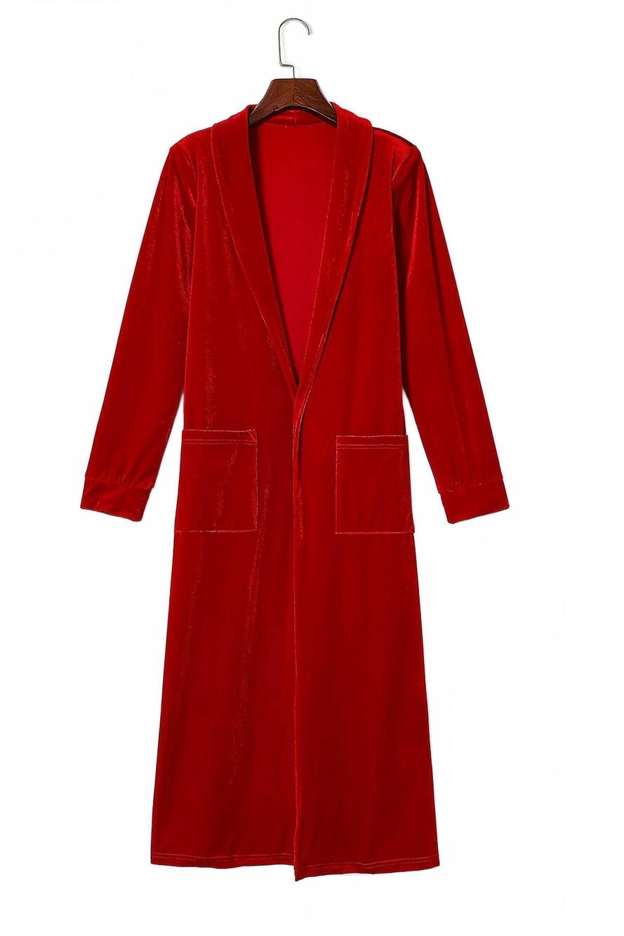 NEW NOBRAND women's velvet elegant open front pocket long cardigan in red